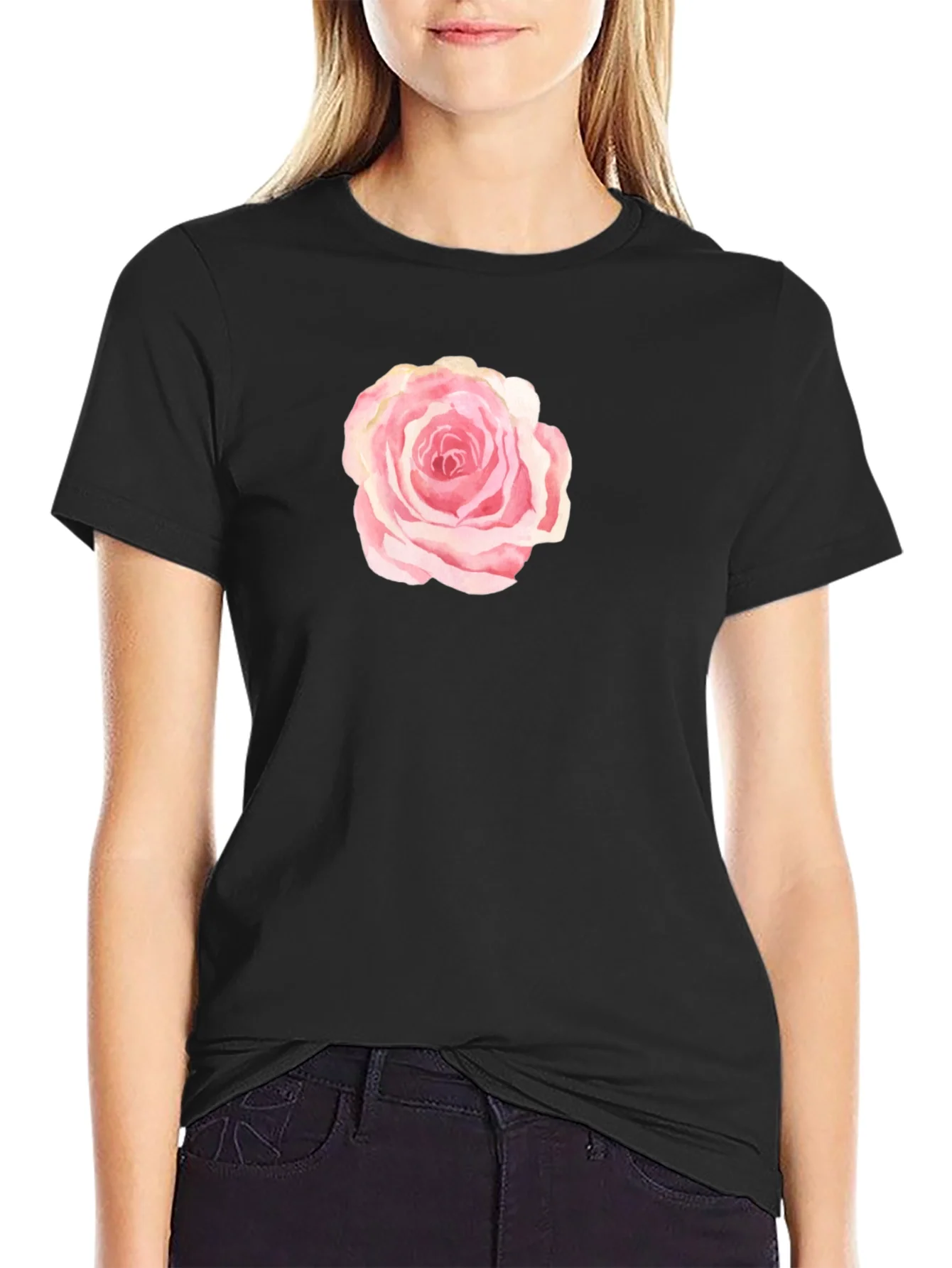 Black T-Shirt with Pink Rose Graphic