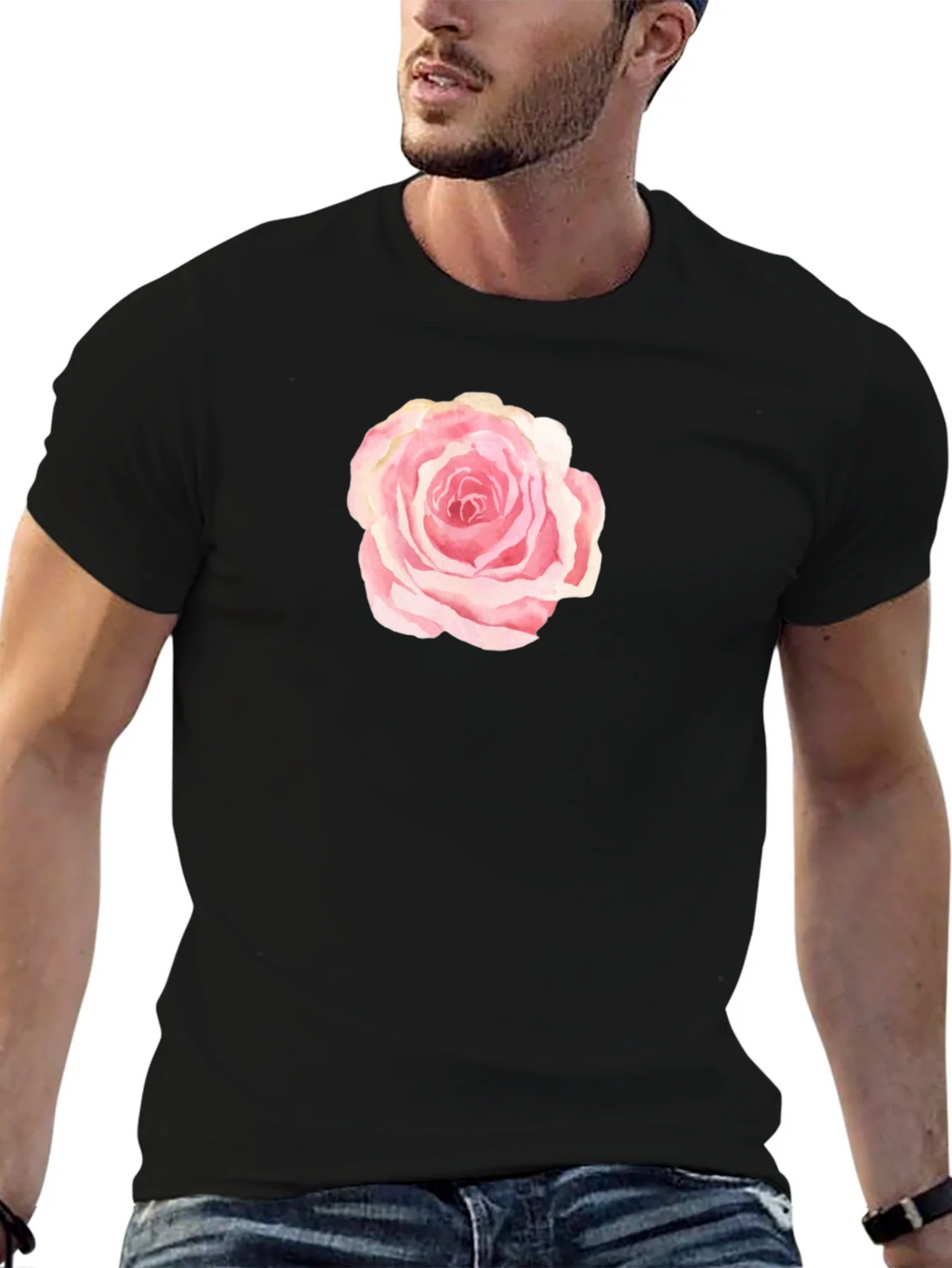 Black T-Shirt with Pink Rose Graphic