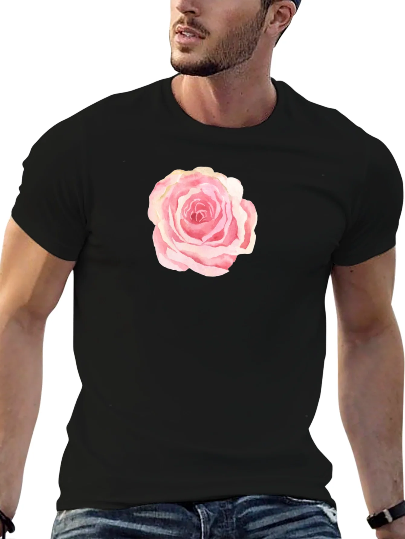 Black T-Shirt with Pink Rose Graphic