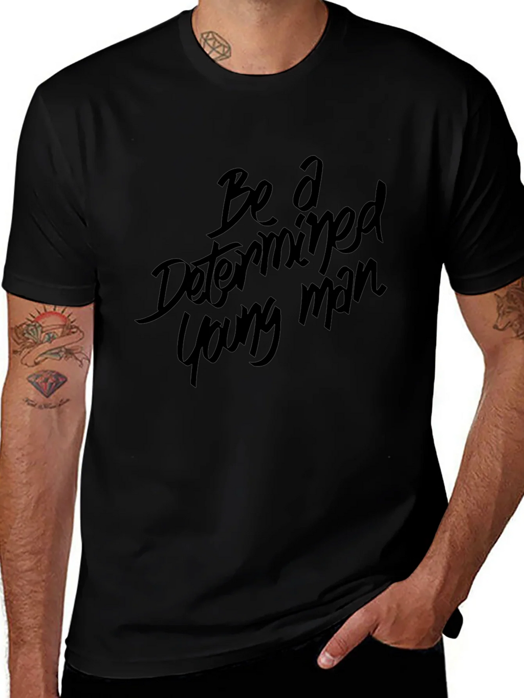Determined Young Man Black Graphic Tee