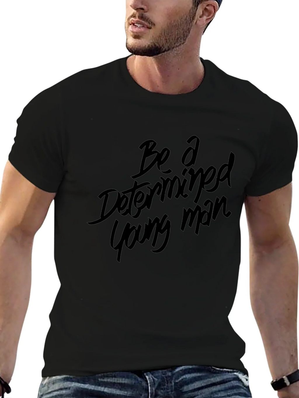 Determined Young Man Black Graphic Tee