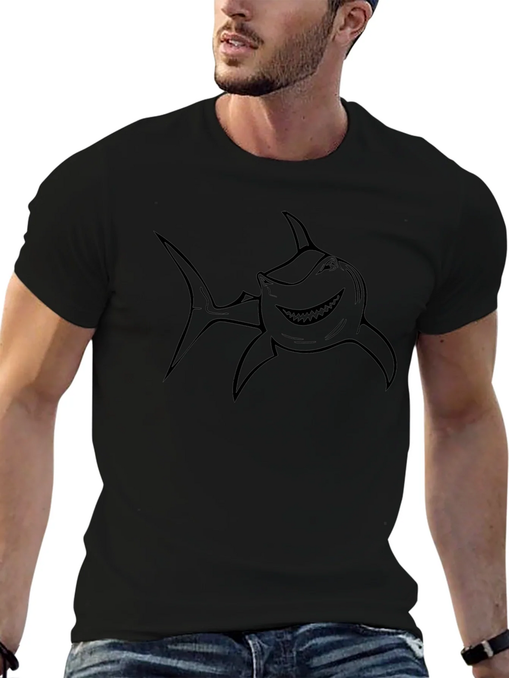 Mens Black T-Shirt with Shark Graphic