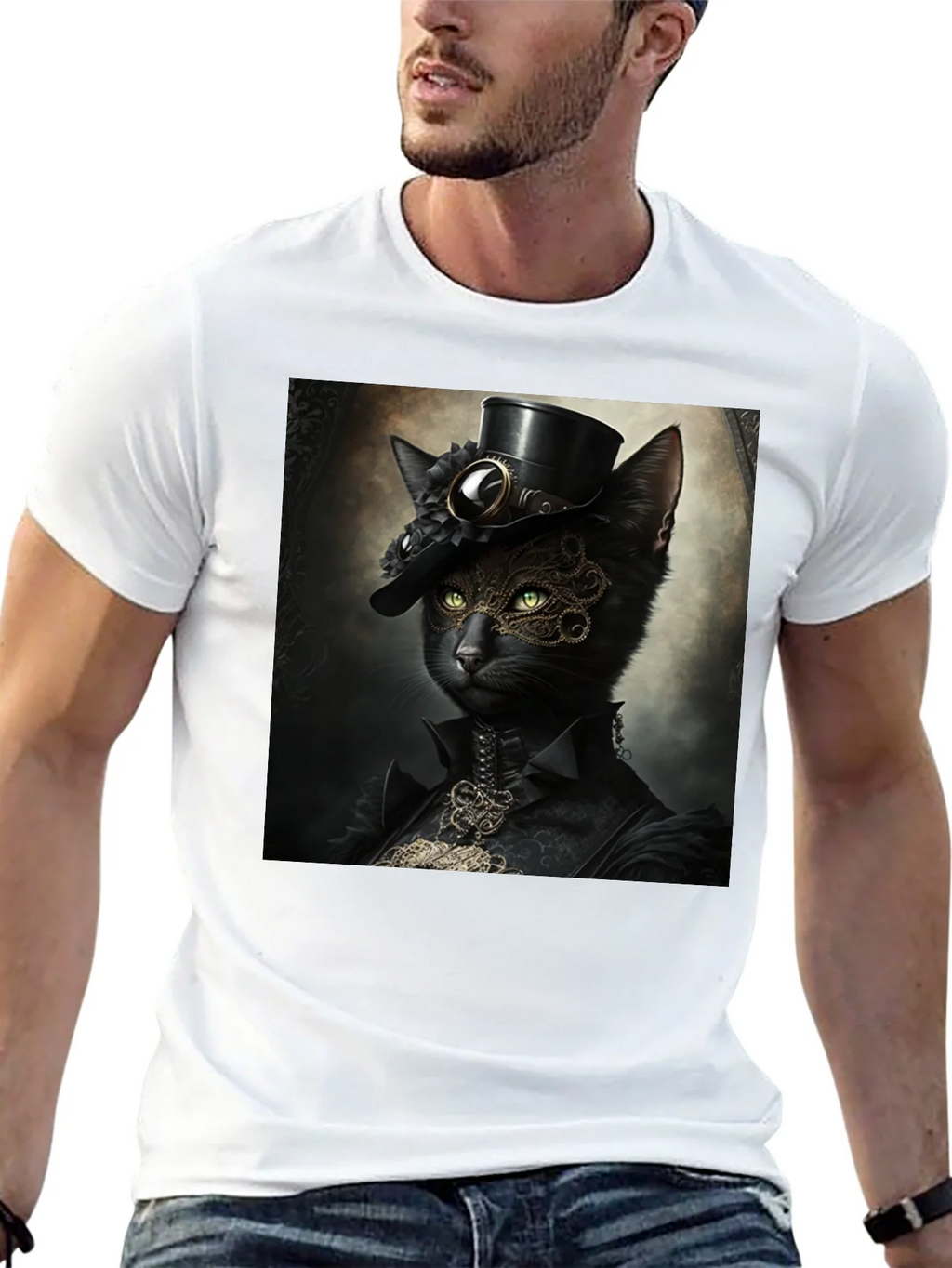 Steampunk Cat Graphic T-Shirt - Victorian Feline Style