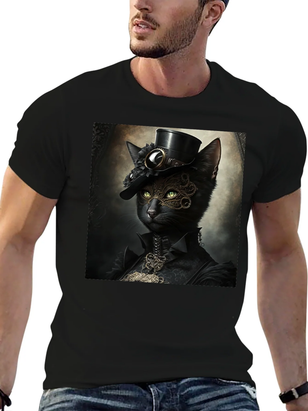 Steampunk Cat Graphic T-Shirt - Victorian Feline Style
