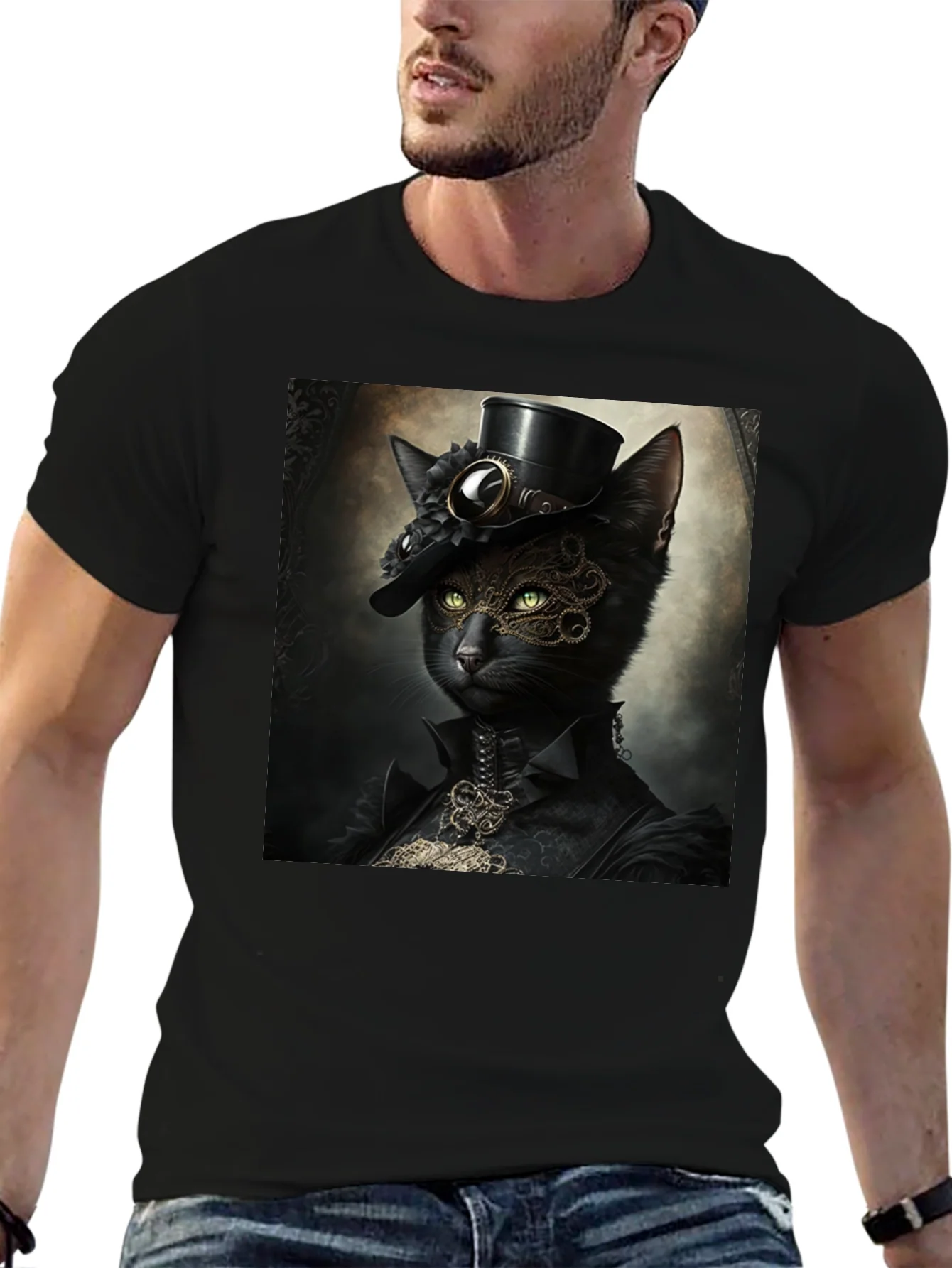 Steampunk Cat Graphic T-Shirt - Victorian Feline Style