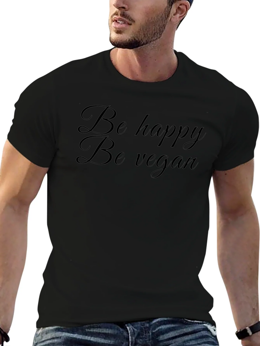 Be Happy Be Vegan Black T-Shirt