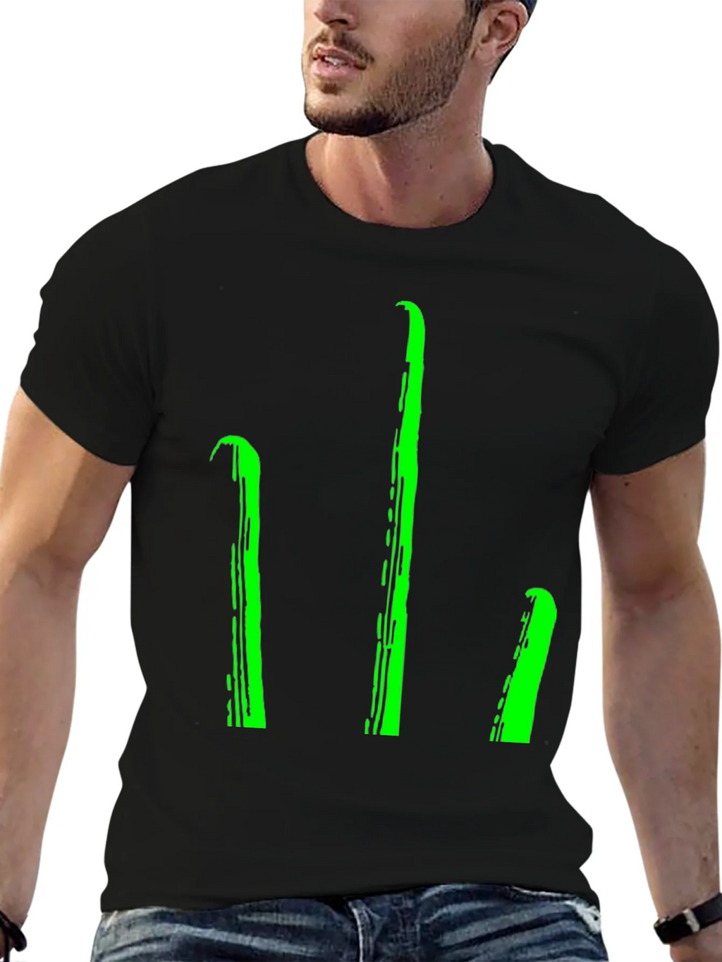 Mens Black T-Shirt with Green Stylized Trident Design