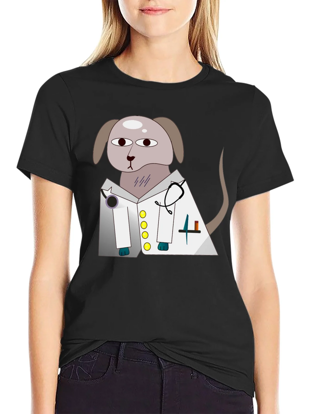 Vet Dog Cartoon Graphic T-Shirt - Black