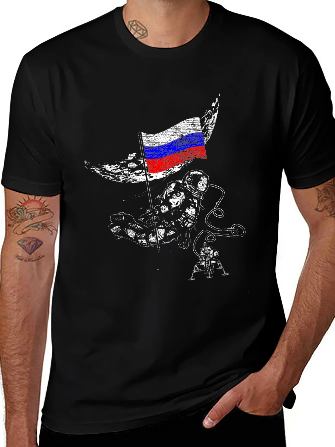 Astronaut & Russian Flag Graphic Black T-Shirt