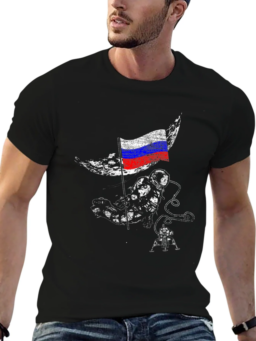 Astronaut & Russian Flag Graphic Black T-Shirt