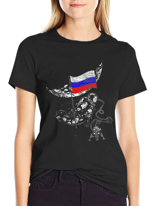 Astronaut & Russian Flag Graphic Black T-Shirt