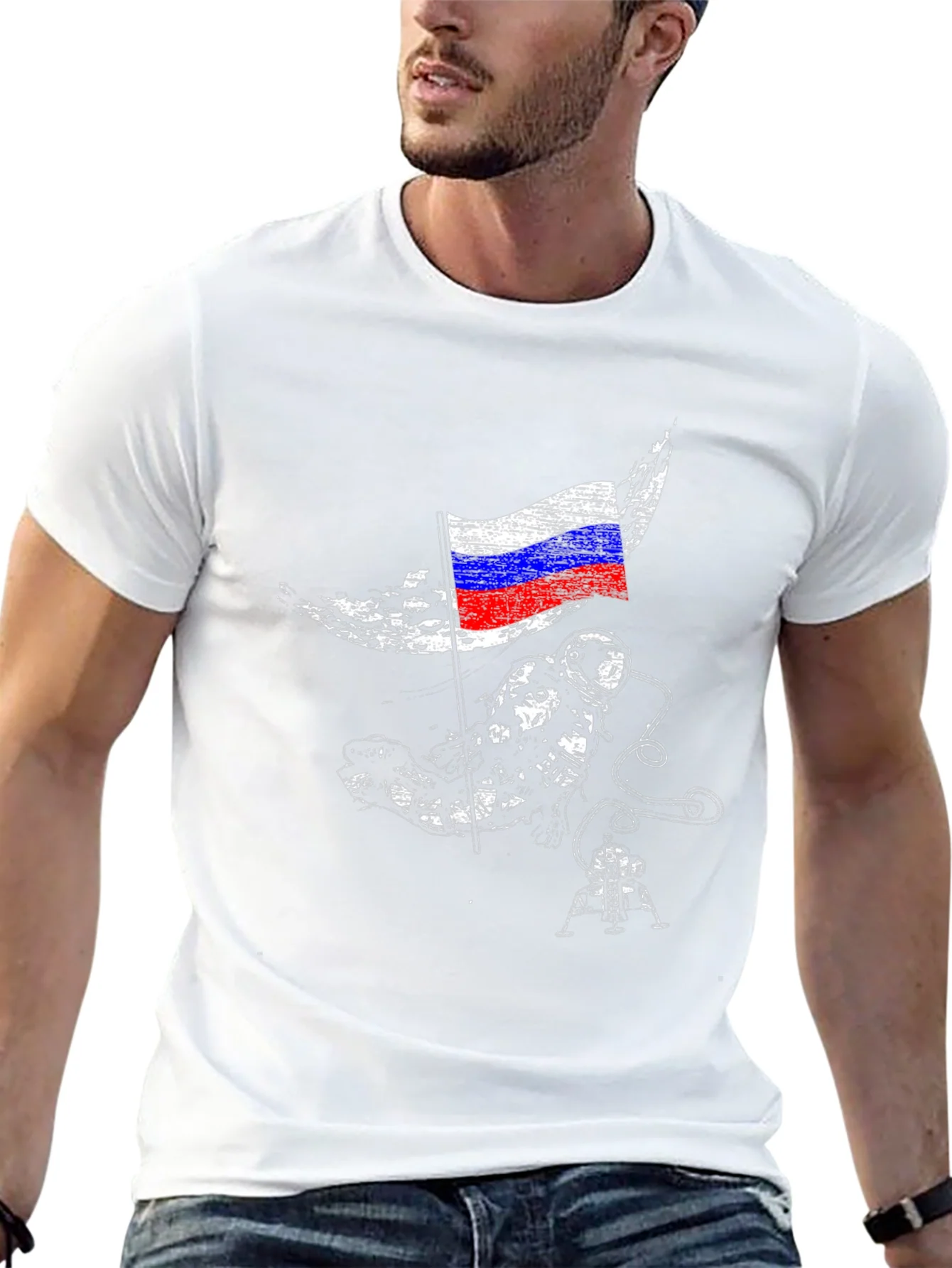 Astronaut & Russian Flag Graphic Black T-Shirt