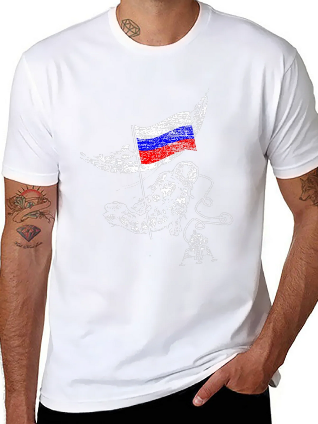 Astronaut & Russian Flag Graphic Black T-Shirt