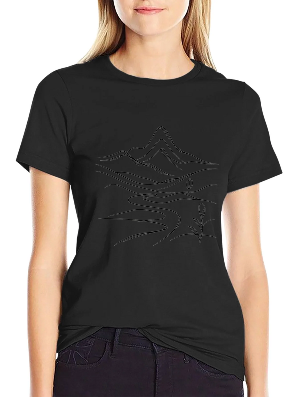 Minimalist Mountain River Black T-Shirt