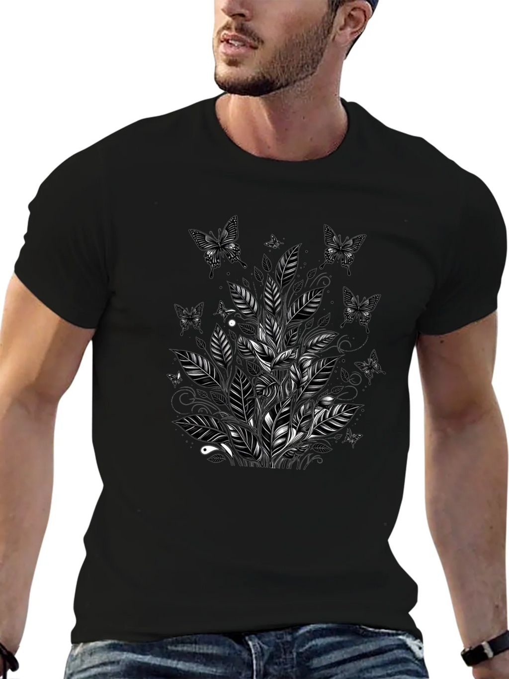 Butterfly Botanical Graphic Tee - Black Cotton Blend