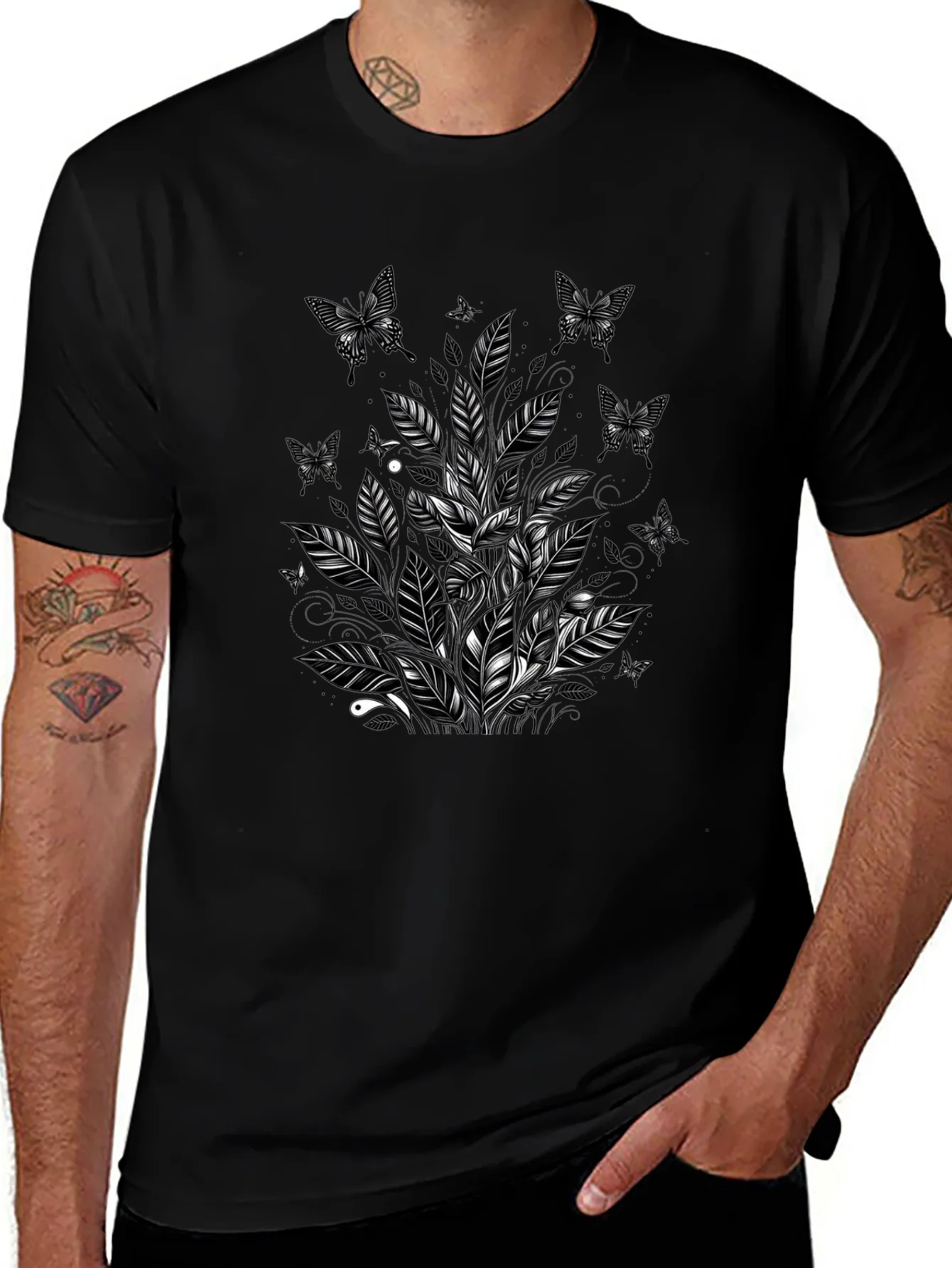 Butterfly Botanical Graphic Tee - Black Cotton Blend