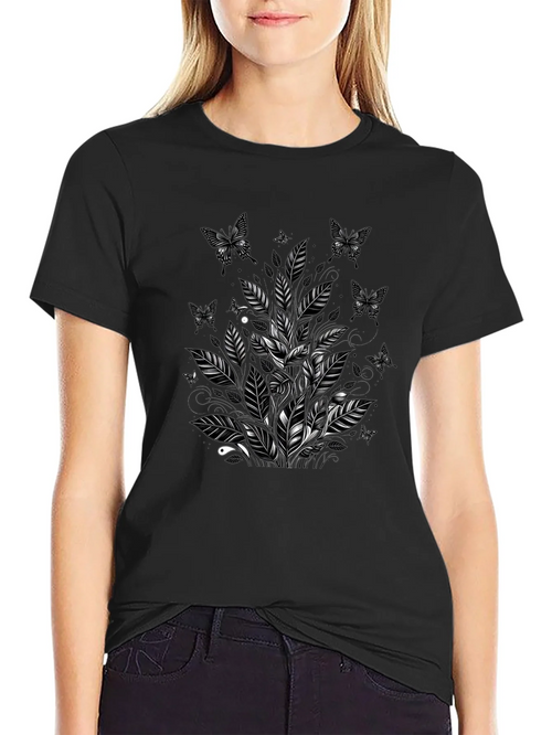 Butterfly Botanical Graphic Tee - Black Cotton Blend