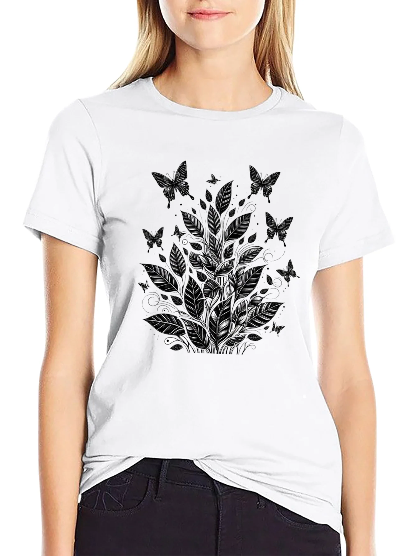 Butterfly Botanical Graphic Tee - Black Cotton Blend