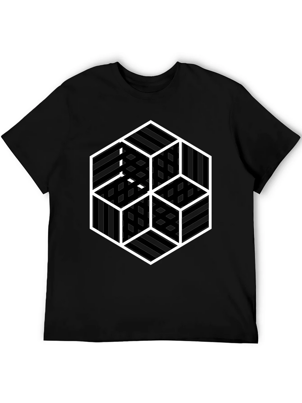 Geometric Illusion Cube Graphic Black T-Shirt