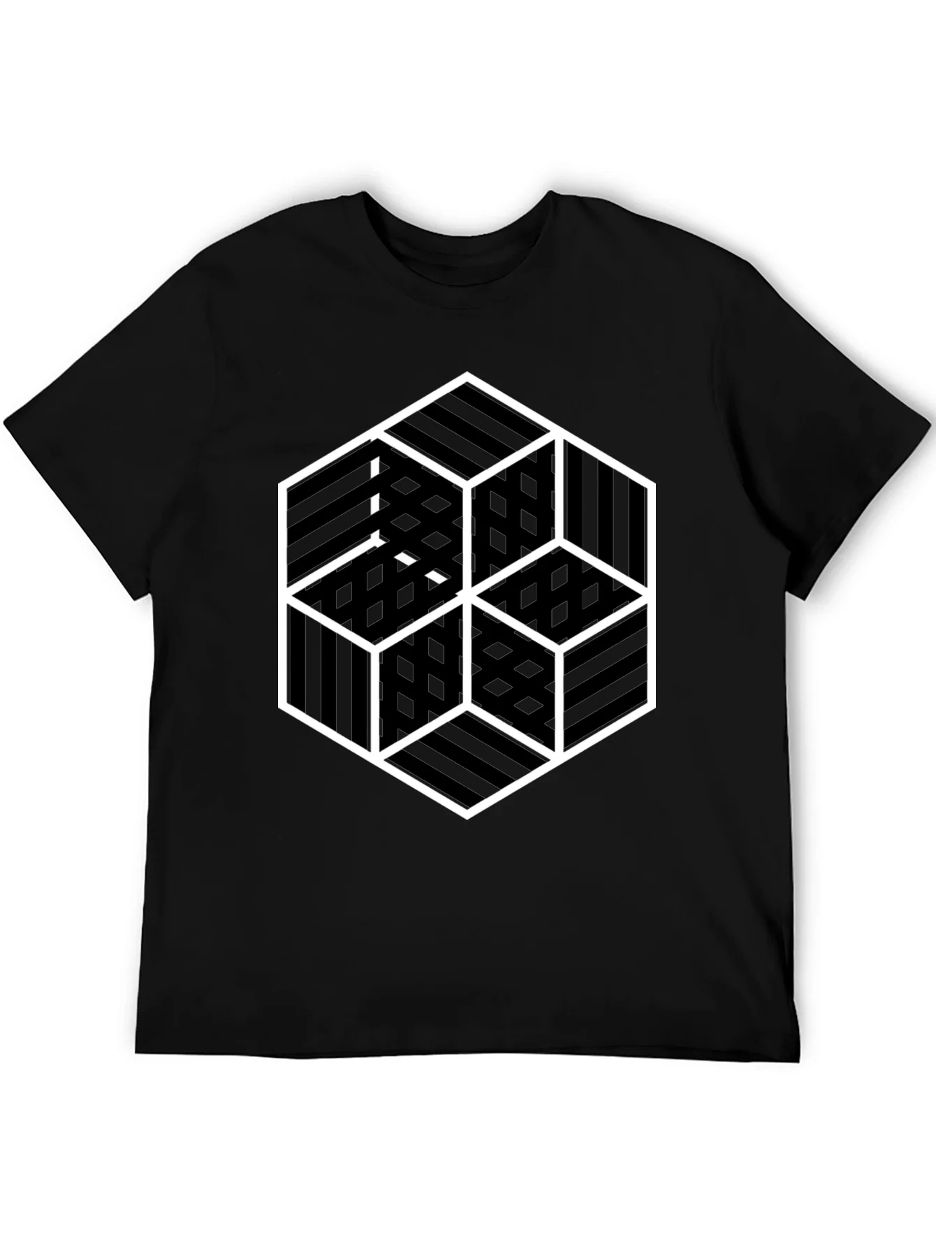 Geometric Illusion Cube Graphic Black T-Shirt