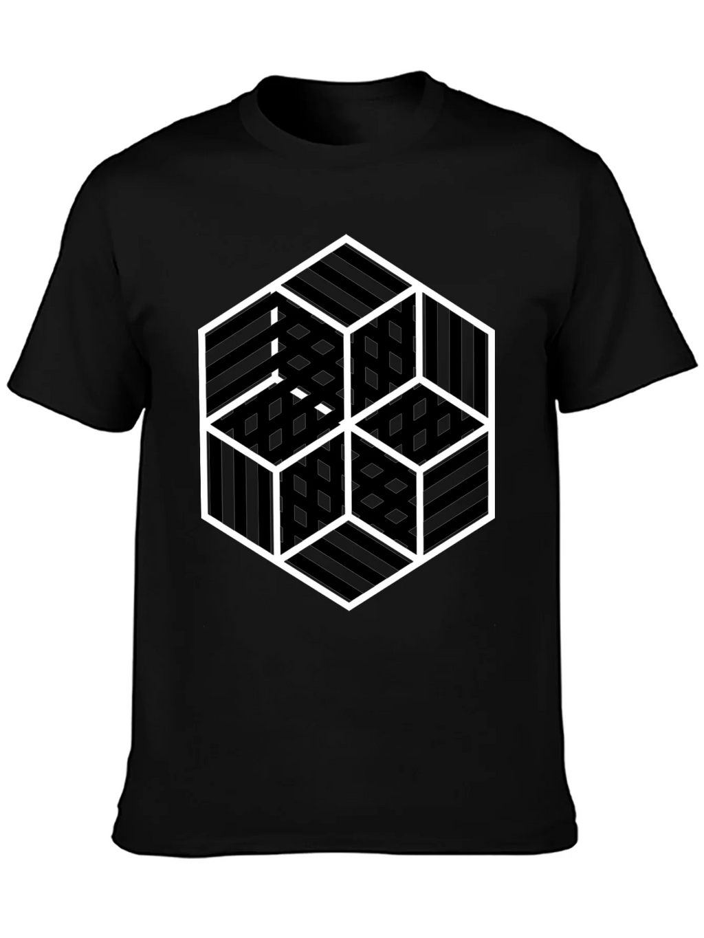 Geometric Illusion Cube Graphic Black T-Shirt