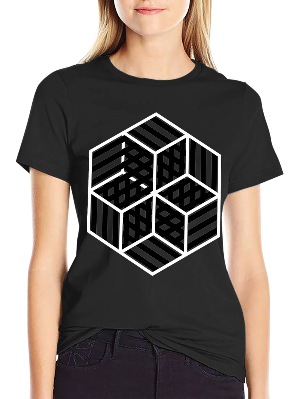 Geometric Illusion Cube Graphic Black T-Shirt