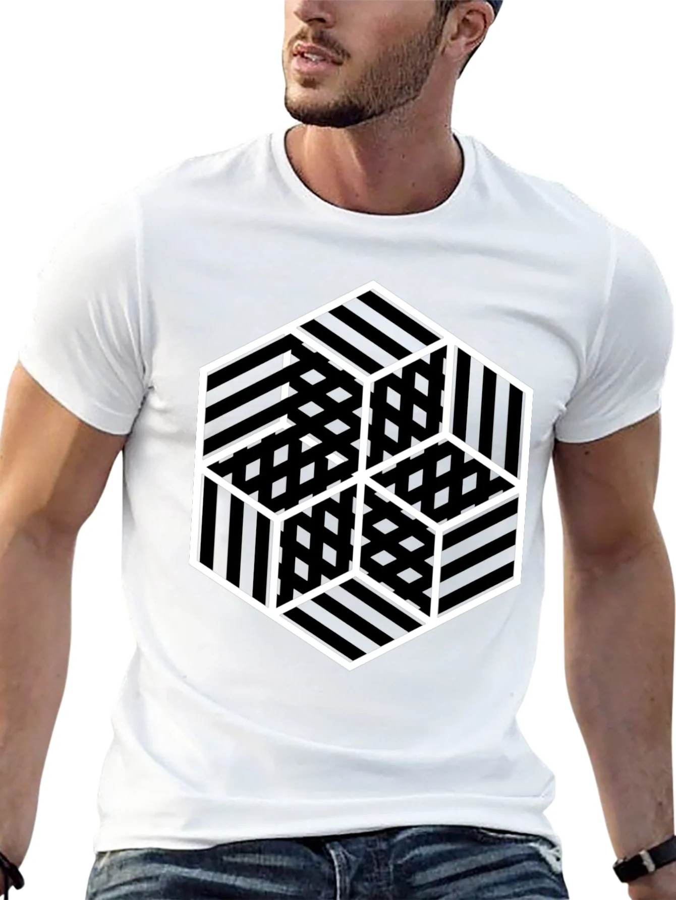 Geometric Illusion Cube Graphic Black T-Shirt