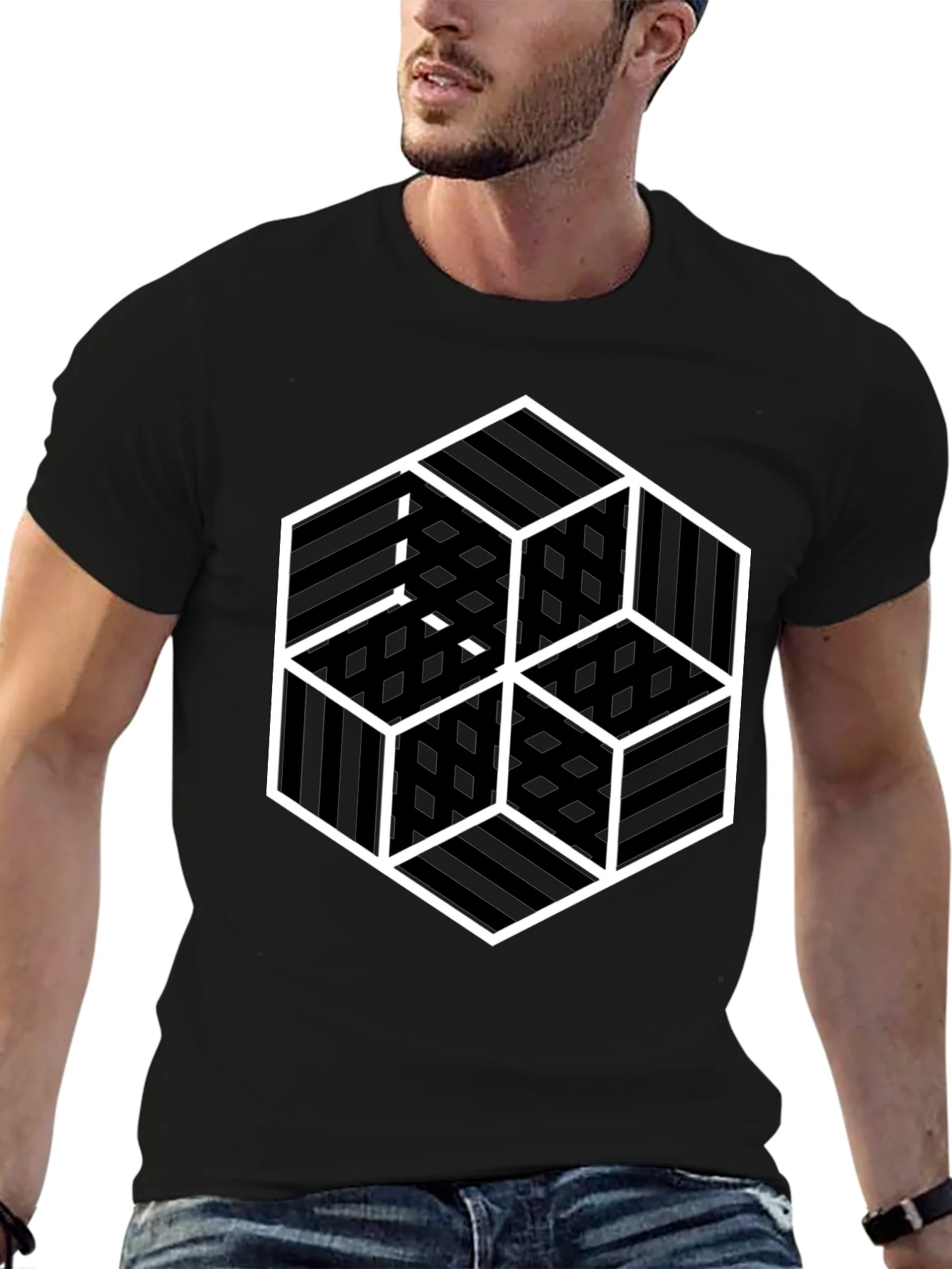 Geometric Illusion Cube Graphic Black T-Shirt